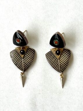 Vintage Signed TABRA Shield Dangle Earrings Onyx Abalone Inlay 2.5"
